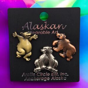Alaskan Wildlife: Set of 3 Alaska Happy Big Paw Bear Pins in Brass Pewter Copper